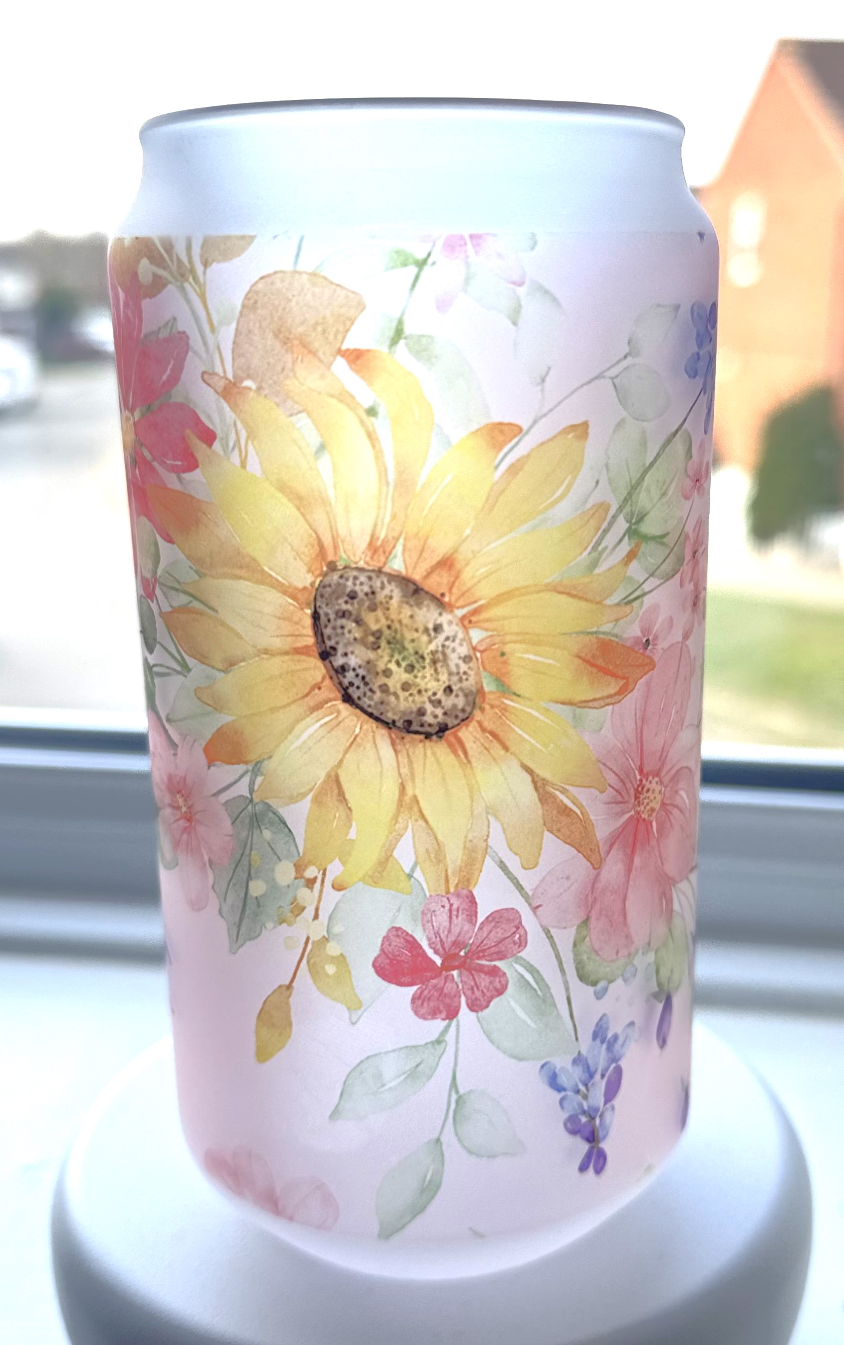 Flower Frosted Tumbler with a gap for personalisation.